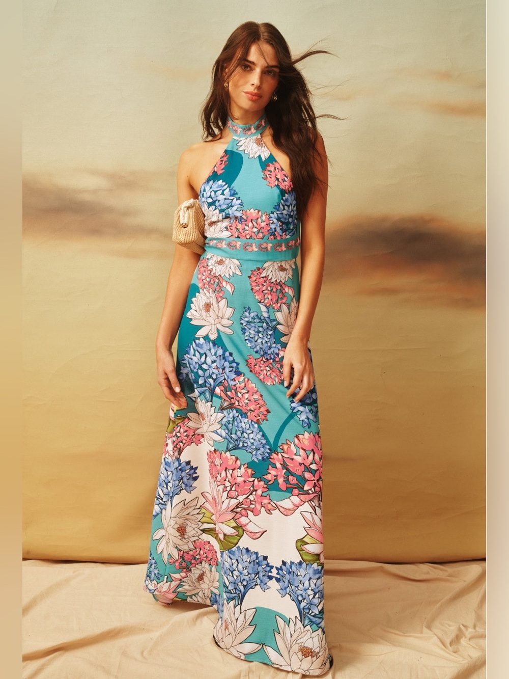 The Agua Bendita Darmy Maxi Dress brings vibrant florals and cutout detail MED